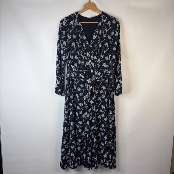 Ann Taylor Dresses & Skirts - Ann Taylor Midi Dress Women 8 Navy Blue Floral Long Sleeve V-Neck Tie Waist